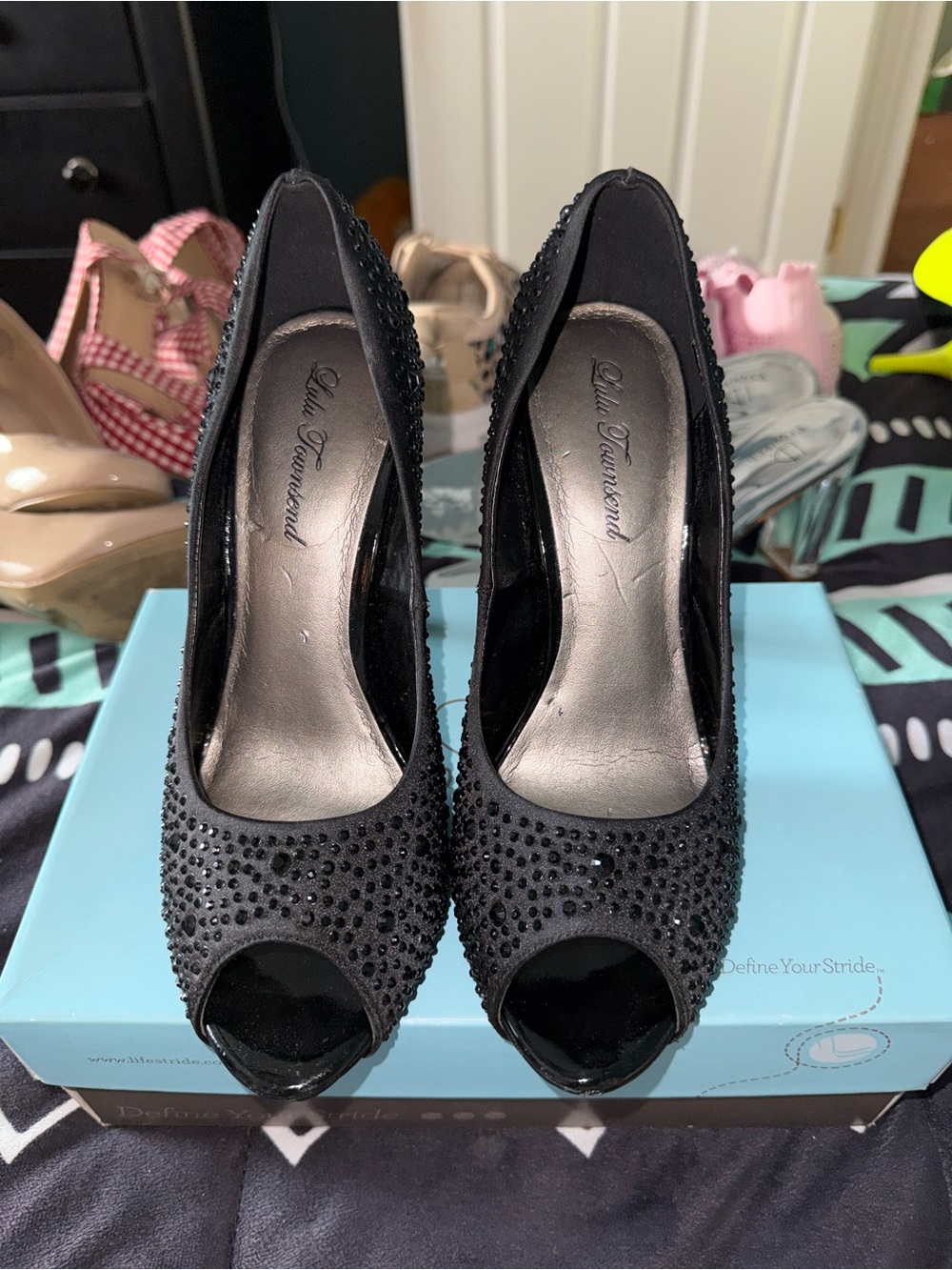 Lulu Townsend Black Crystal Peep-Toe Heels